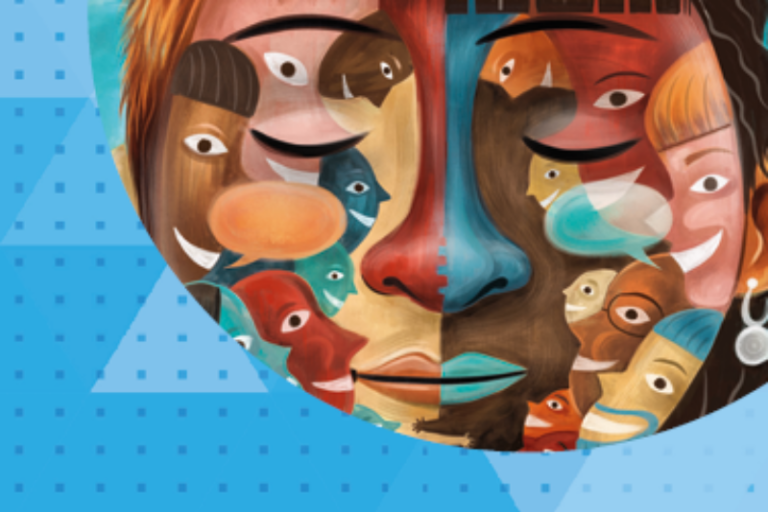Rostro pintado con múltiples caras sonrientes de colores, fondo azul con triángulos y puntos pequeños. Parte de la portada de la cartilla sobre discriminación racial