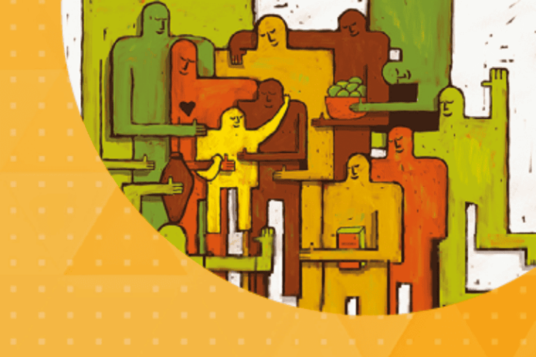 Ilustración de figuras humanas estilizadas en colores verde, naranja y amarillo, abrazándose y sosteniendo objetos, sobre fondo de diseño geométrico naranja. Convencion estatuto-de-los-refugiados