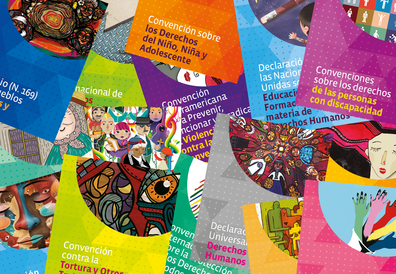 Collage de portadas coloridas de documentos y convenciones sobre derechos humanos, con ilustraciones artísticas y textos destacados.