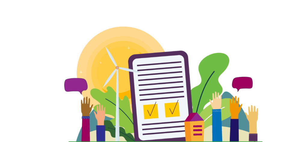 Ilustraci&oacute;n de un grupo de manos levantadas frente a una tabla de verificaci&oacute;n, con un fondo de vegetaci&oacute;n, un molino de viento y un sol radiante.