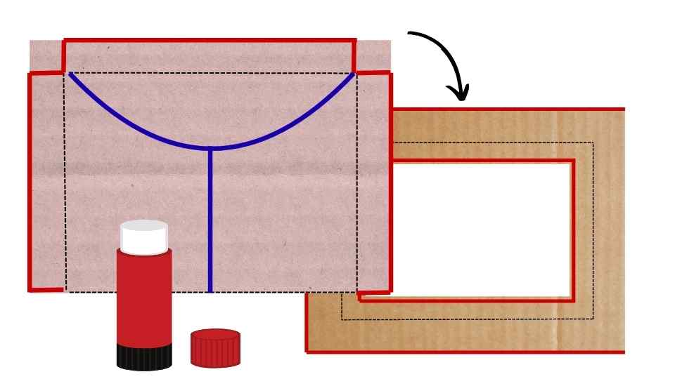 Una ilustración que muestra un proceso de manualidades, con un sobre hecho de papel delineado con líneas azules y rojas. A la derecha, hay un marco de cartón con un recorte rectangular. En la parte inferior izquierda, hay una barra de pegamento roja con su tapa al lado. Una flecha negra indica el movimiento del papel hacia el marco de cartón.