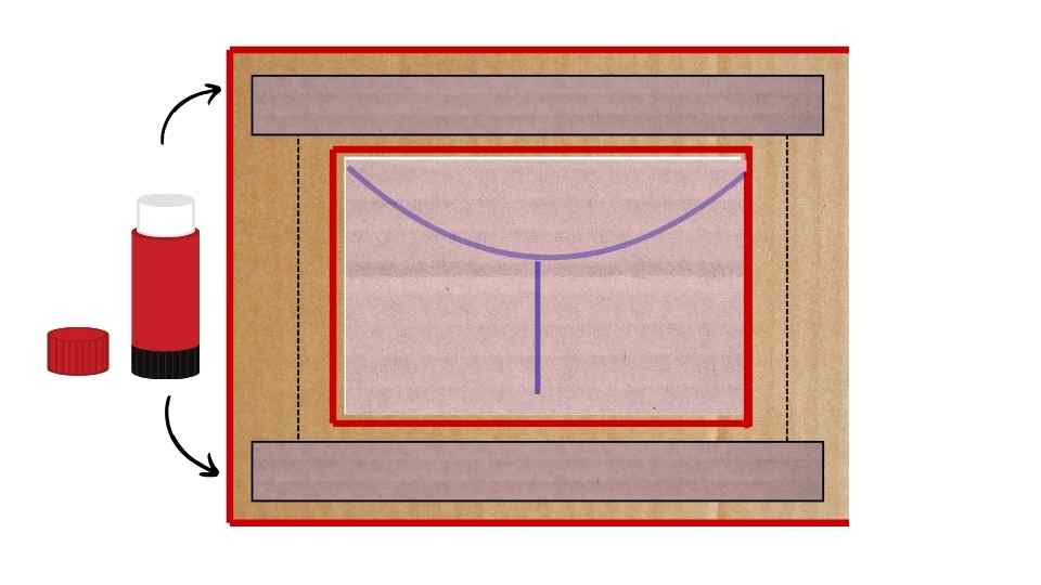 Dibujo esquemático de un objeto similar a un bálsamo labial en color rojo y negro, con su tapa colocada a un lado. Se muestra un esquema en perspectiva de vista superior con dos flechas indicando movimientos, acompañando el bálsamo al lado de un rectángulo con líneas y formas geométricas en su interior que parecen indicar medidas o instrucciones de uso.