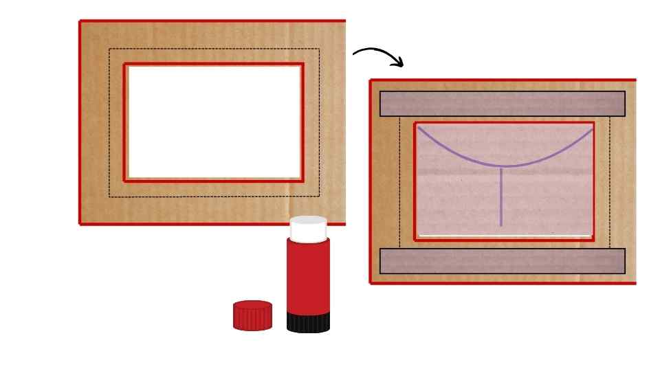 Instrucciones para crear un marco de papel con cartón. A la izquierda, una pieza de cartón con un marco recortado y un pegamento de barra. A la derecha, el cartón plegado con un papel translúcido y líneas dibujadas, mostrando el proceso de armado del marco.