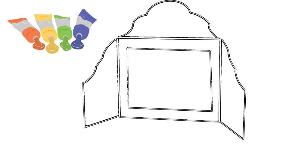 Dibujo de un tríptico en blanco con bordes decorativos y un conjunto de tubos de pintura de colores en la esquina superior izquierda.