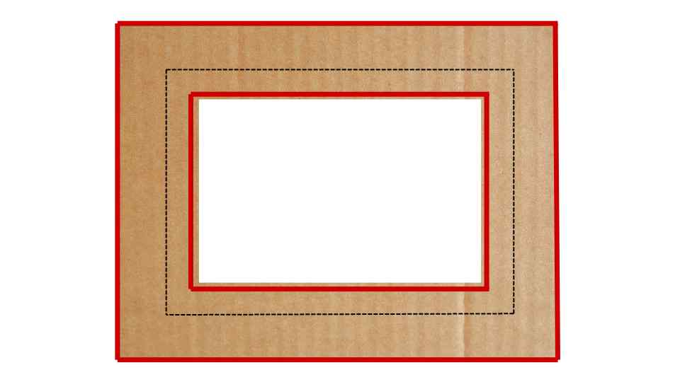 Marco rectangular de cartón con borde rojo y líneas discontinuas negras, centrando un área blanca.