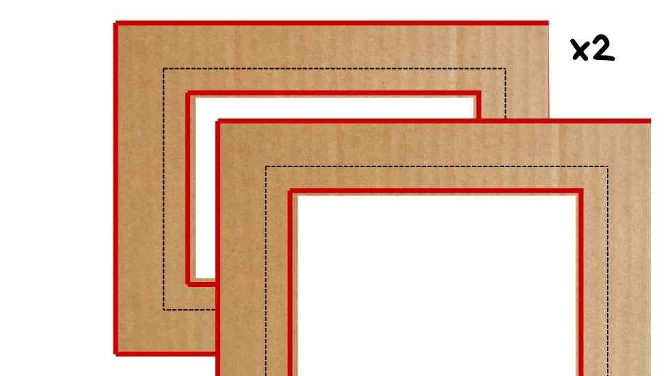 Dos láminas de cartón con bordes rojos y líneas punteadas negras formando esquinas en un diseño superpuesto, con una etiqueta "x2" en la esquina superior derecha.