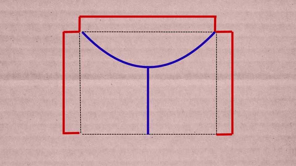 Dibujo esquemático que muestra un rectángulo rojo superpuesto con líneas negras y azules en un fondo beige. Las líneas negras forman un marco interior, mientras que una línea azul curva cruza el centro horizontalmente y una línea azul vertical baja desde el centro de la curva.