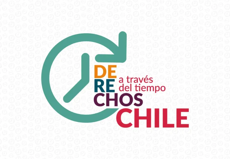 Logo con una flecha circular y las palabras 'Derechos a través del tiempo Chile' en varios colores sobre un fondo con íconos de reloj repetidos.