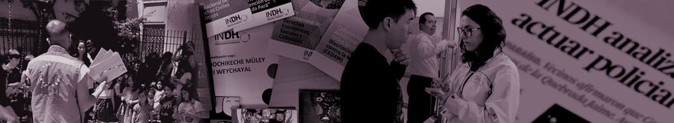 Collage de imágenes que muestran a personas participando en un evento del Instituto Nacional de Derechos Humanos, con folletos y materiales informativos visibles en segundo plano.