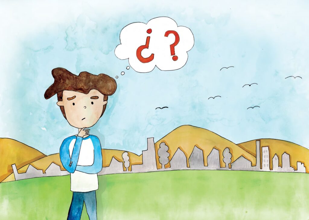 Ilustración de un joven con expresión pensativa, vestido con camiseta blanca y suéter azul, con una burbuja de pensamiento que contiene un signo de interrogación. Al fondo, un paisaje de colinas amarillas y un cielo azul claro con pájaros volando.