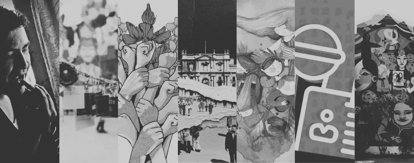 Un collage en blanco y negro compuesto por diversas imágenes que incluyen un hombre tocando un instrumento, escenas de manifestaciones, ilustraciones artísticas de puños levantados y personas celebrando. La composición es diversa y abarca tanto arte como elementos fotográficos históricos y contemporáneos.