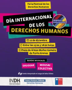 Cartel promocional para el Día Internacional de los Derechos Humanos, que se celebra el 12 de diciembre en la Plaza de Armas Muñoz Gamero de Punta Arenas, entre las 15:00 y 18:00 horas. El evento incluirá bandas musicales como Shuggar y Mousai Colectiva, y está interpretado en lengua de señas chilena, organizado por el Instituto Nacional de Derechos Humanos y el SEREMI de Justicia y Derechos Humanos del Gobierno de Chile. Incluye el lema #MagallanesSinDiscriminación.