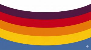 Diseño abstracto con franjas curvas en colores púrpura, rojo, naranja, amarillo y azul, sobre un fondo blanco.