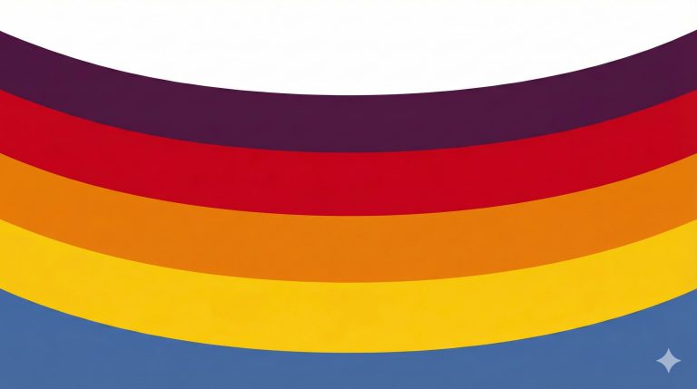 Diseño abstracto con franjas curvas en colores púrpura, rojo, naranja, amarillo y azul, sobre un fondo blanco.