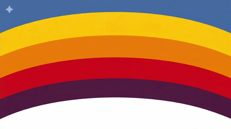 Arcoíris estilizado con franjas de colores amarillo, naranja, rojo y púrpura sobre un fondo azul con una estrella blanca en la esquina superior izquierda.