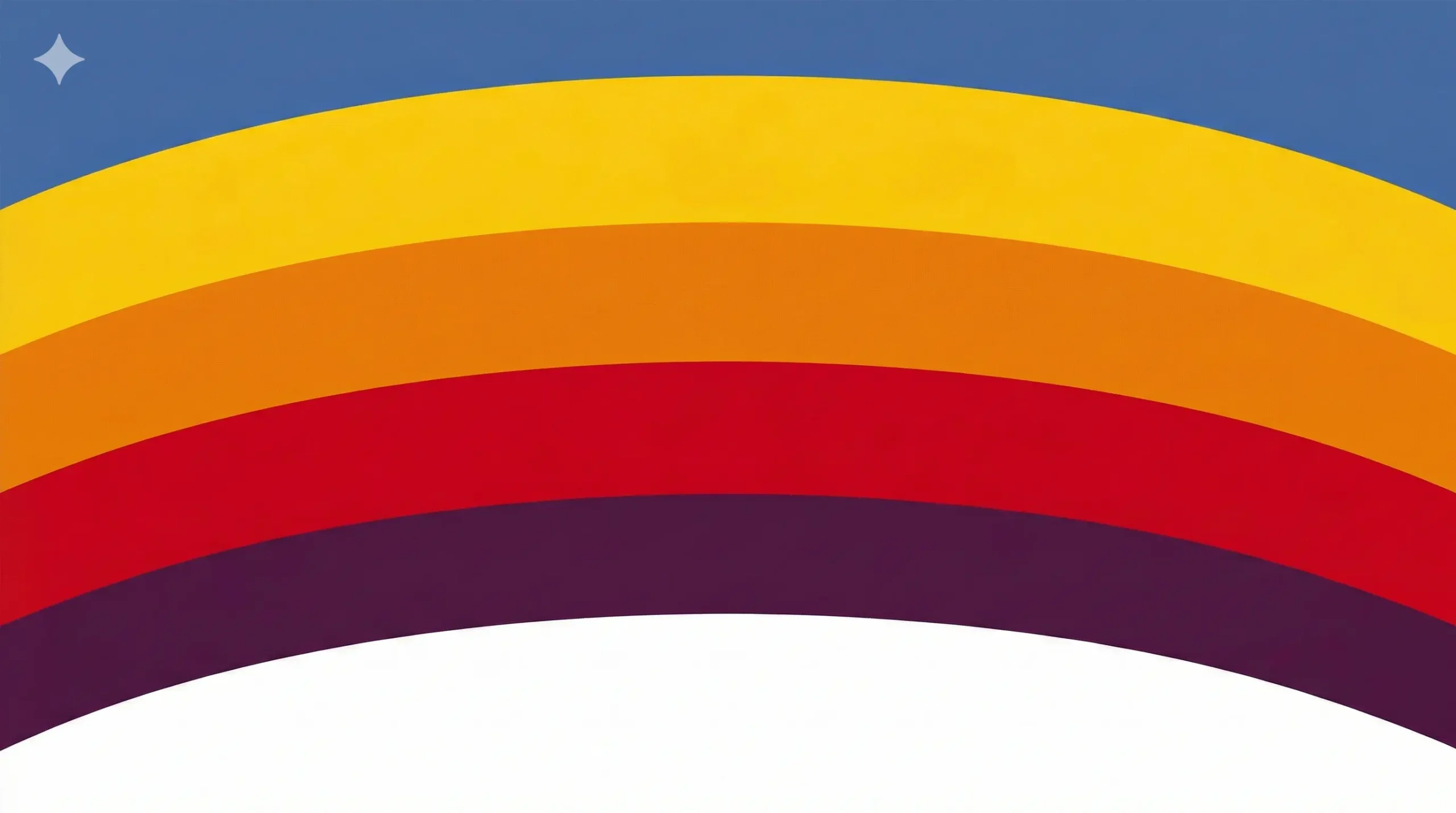 Arcoíris estilizado con franjas de colores amarillo, naranja, rojo y púrpura sobre un fondo azul con una estrella blanca en la esquina superior izquierda.