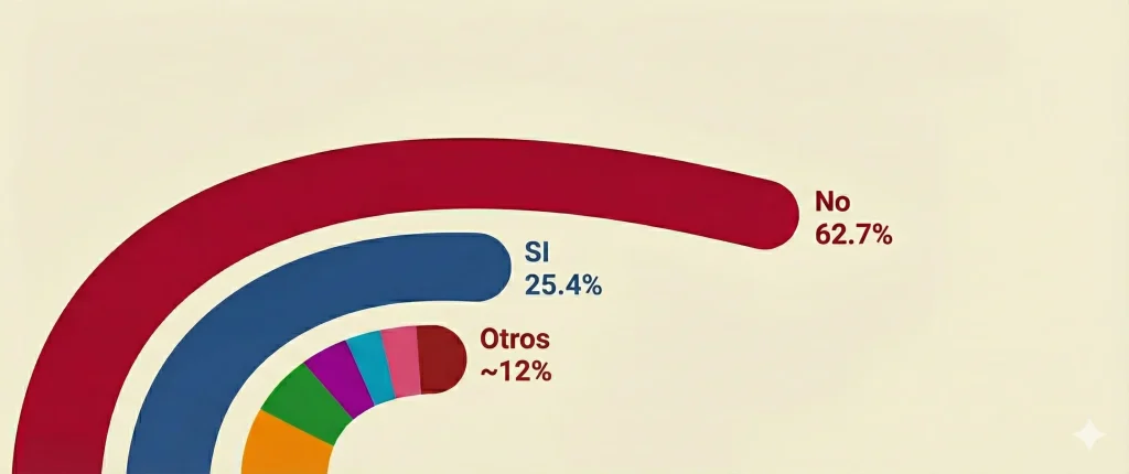 Diagrama de barras curvas mostrando porcentajes: 'No' con 62.7%, 'Sí' con 25.4%, y 'Otros' con aproximadamente 12%.