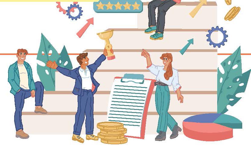 Personas celebran en un gráfico de crecimiento con una escalera, sosteniendo un trofeo y rodeadas de elementos como monedas y engranajes.