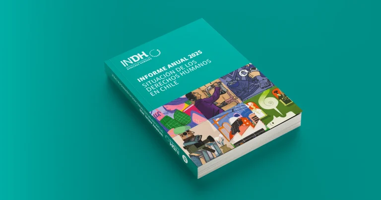 Portada del "Informe Anual 2023: Situación de los Derechos Humanos en Chile" del INDH, con un diseño en tonos turquesa y una ilustración colorida en la parte inferior.