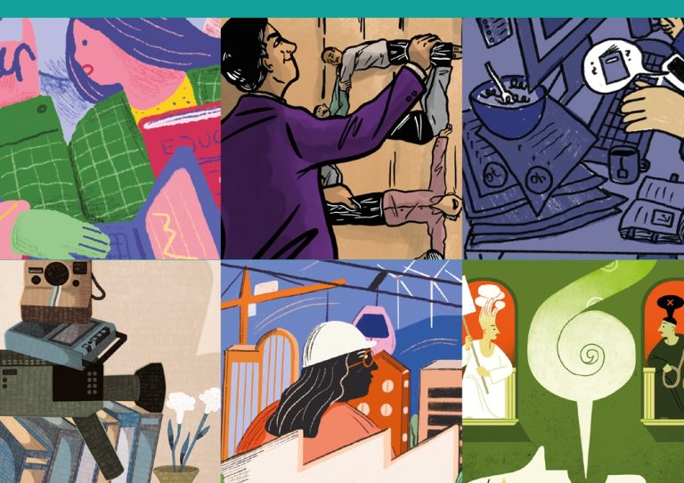 Portada del "Informe Anual 2025" sobre la situación de los derechos humanos en Chile, publicado por el Instituto Nacional de Derechos Humanos (INDH). El fondo es verde turquesa con el título en letras blancas, y muestra ilustraciones variadas en la parte inferior que representan diferentes aspectos sociales y culturales.