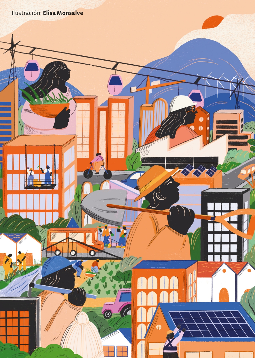 Ilustración colorida de una ciudad con edificios, teleférico y montañas al fondo. Varias personas aparecen en primer plano, algunas llevando herramientas como palas y otras trabajando en la construcción o agricultura. La escena está llena de actividad urbana y rural, destacando la coexistencia de ambos entornos.