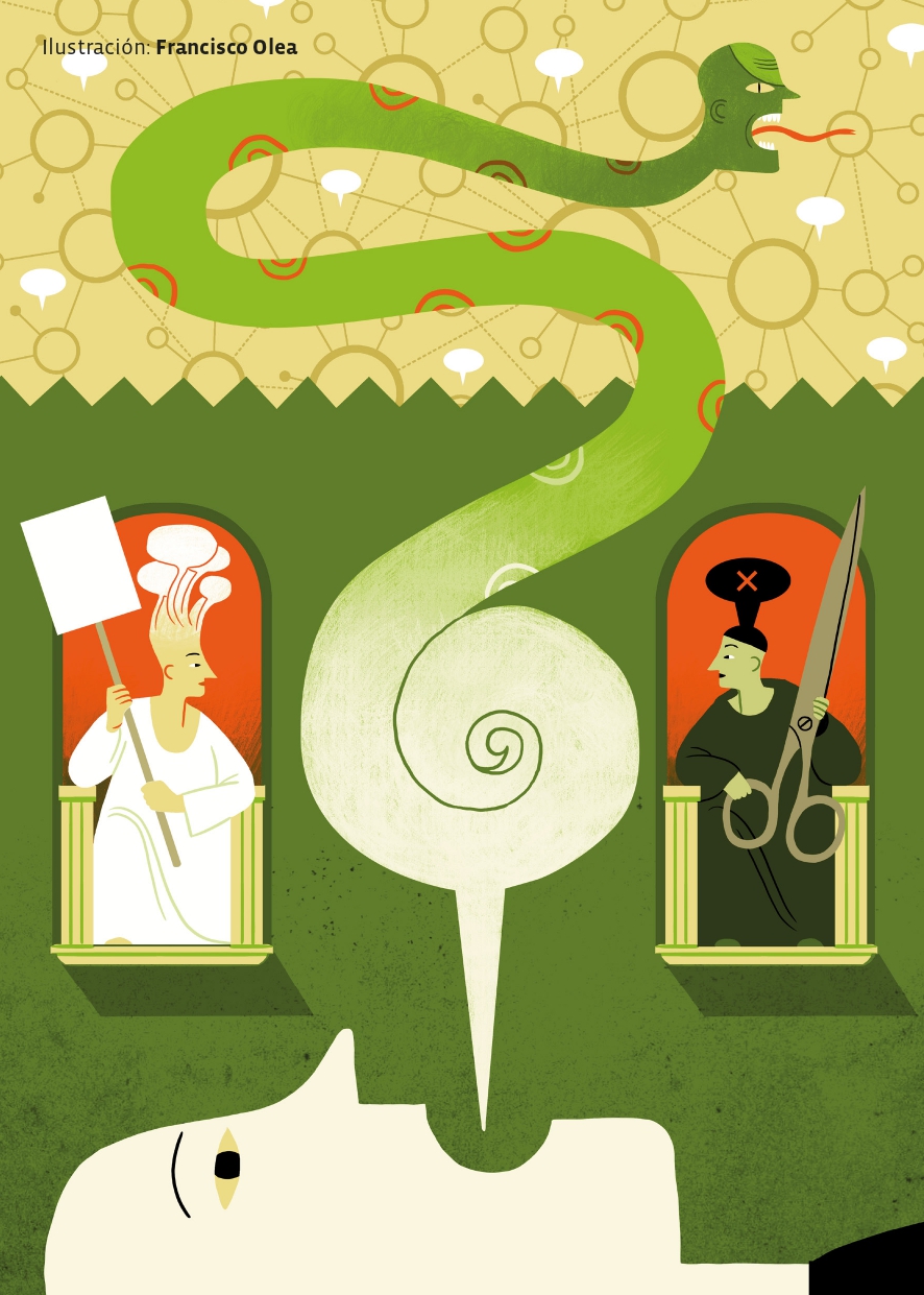 Ilustración donde una figura acostada emite un globo de diálogo en espiral, conectando con una serpiente que tiene la cabeza humana, en un entorno con patrones geométricos. Dos personajes en ventanas sostienen un cartel y tijeras respectivamente.