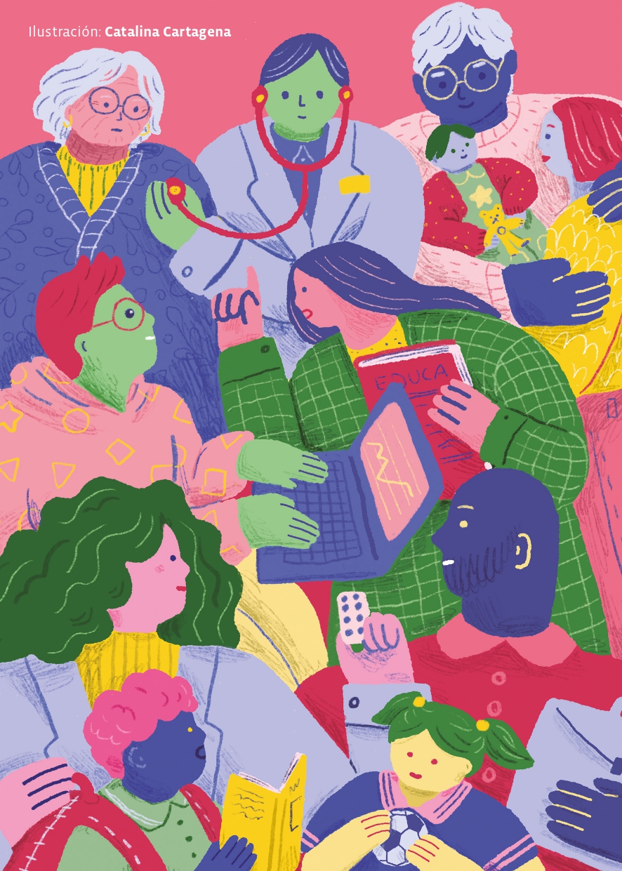 Ilustración colorida de un grupo de personas, incluyendo un médico con estetoscopio, un niño con una pelota, y adultos interactuando con dispositivos y libros sobre un fondo rosado.