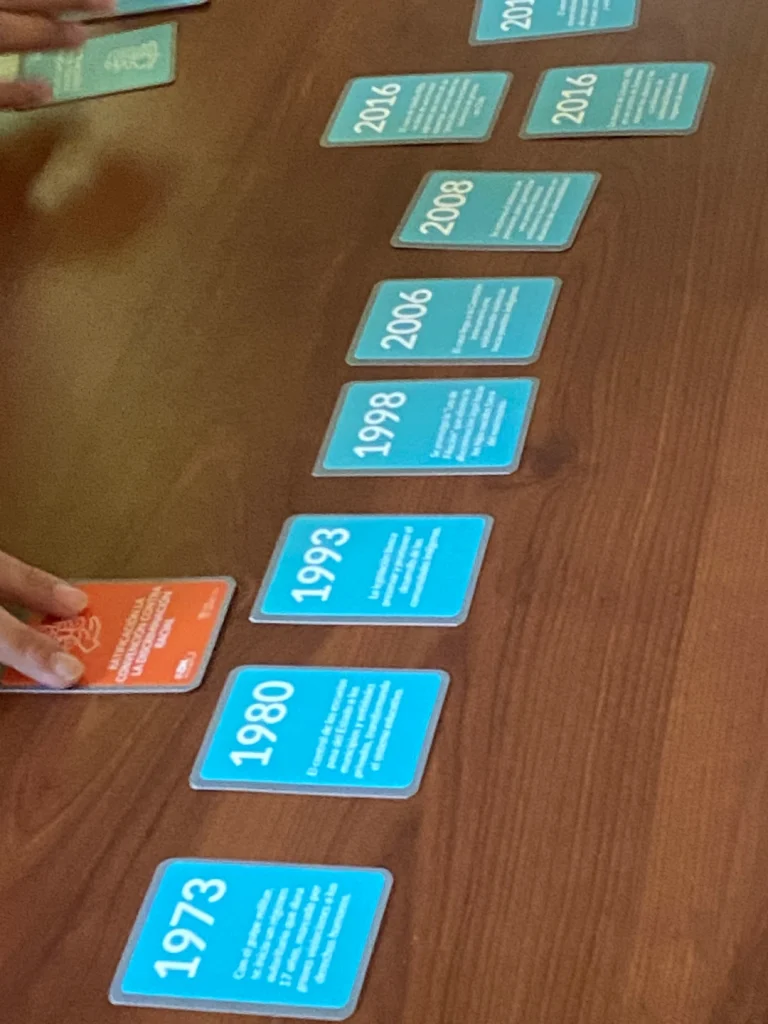 Cartas de años dispuestas en una fila sobre una mesa de madera, comenzando por 1973 hasta 2016, con una mano colocando una carta.