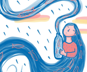 Ilustración de una mujer con cabello azul lleno de peces, sosteniendo una botella de la que fluye agua.