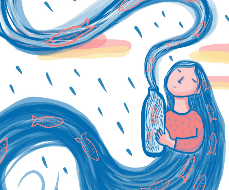 Ilustración de una mujer con cabello azul lleno de peces, sosteniendo una botella de la que fluye agua.
