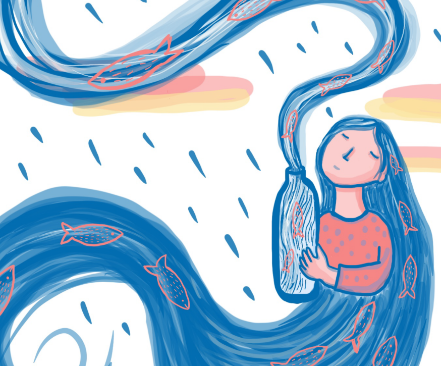 Ilustración de una mujer con cabello azul lleno de peces, sosteniendo una botella de la que fluye agua.