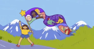 Niña con camiseta amarilla y pantalones cortos azules sostiene una bandera ilustrada con personas diversas, frente a un paisaje montañoso.