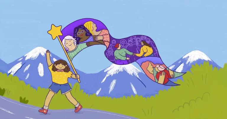 Niña con camiseta amarilla y pantalones cortos azules sostiene una bandera ilustrada con personas diversas, frente a un paisaje montañoso.