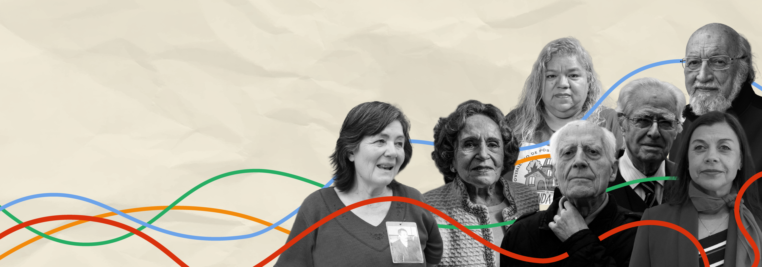 Collage de siete personas mayores en blanco y negro sobre fondo beige con líneas onduladas de colores.