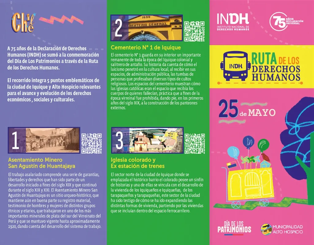 Folleto colorido sobre la Ruta de los Derechos Humanos en Iquique, destacando lugares emblemáticos y eventos del 25 de mayo.