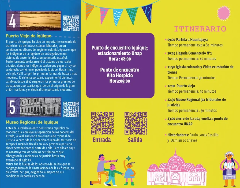 Folleto turístico con itinerario de visita a Iquique, destacando el Puerto Viejo y el Museo Regional, con horarios y puntos de encuentro.